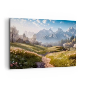 Impression sur toile - Image sur toile - Une vallée de montagne avec des prairies, des cabanes et une vue sur les sommets - 120x80cm - Vallée idyllique - Décoration murale moderne pour le salon et la chambre ARTTOR