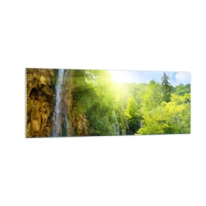 Impression sur verre - Image sur verre - Une cascade se jetant dans un lac turquoise entouré de verdure - 140x50cm - Ce doit être le paradis ici - Décoration murale moderne pour le salon et la chambre ARTTOR