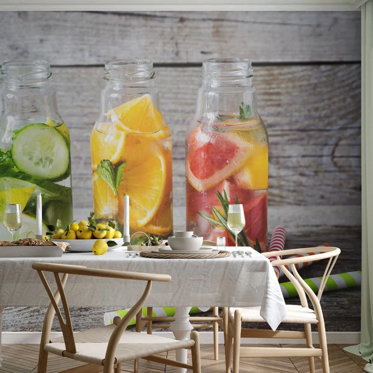 Papier Peint Photo Premium Sand - Bouteilles d'eau aromatisée et de fruits frais sur fond de bois - 100x70cm - Sain par nature - Décoration murale moderne pour le salon et la chambre ARTTOR