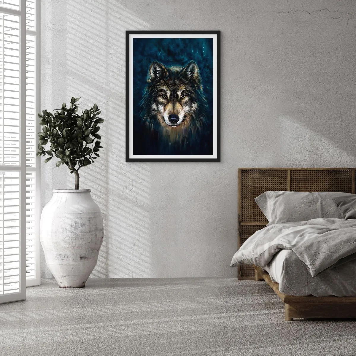 Affiche dans un cadre noir - Poster - Portrait d'un loup dans un ton sombre et artistique - 50x70cm - Alpha? Et oméga - Décoration murale moderne pour le salon et la chambre ARTTOR