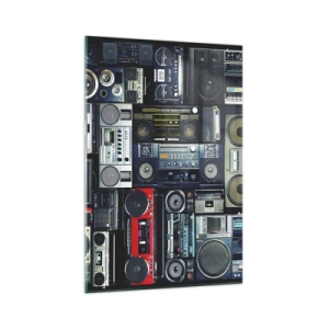 Impression sur verre - Image sur verre - Un collage de magnétophones rétro et d'enceintes vintage. - 70x100cm - Nostalgie des années 80 - Décoration murale moderne pour le salon et la chambre ARTTOR
