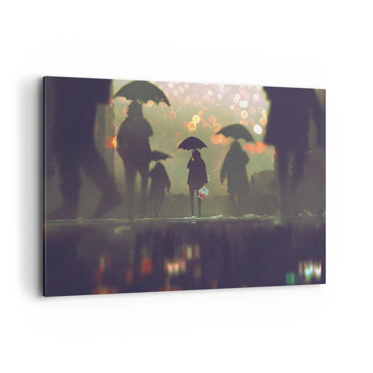 Impression sur toile - Image sur toile - Une silhouette avec un parapluie un soir pluvieux parmi les lumières de la ville - 100x70cm - Du point de vue d'une goutte de pluie - Décoration murale moderne pour le salon et la chambre ARTTOR