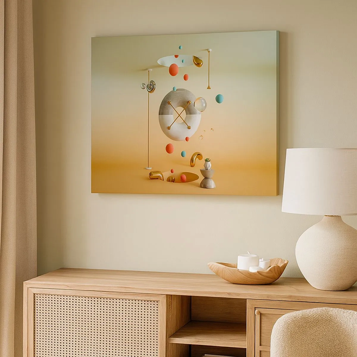 Impression sur toile - Image sur toile - Figures géométriques aux couleurs pastel dans un arrangement surréaliste - 70x50cm - Tout peut arriver - Décoration murale moderne pour le salon et la chambre ARTTOR