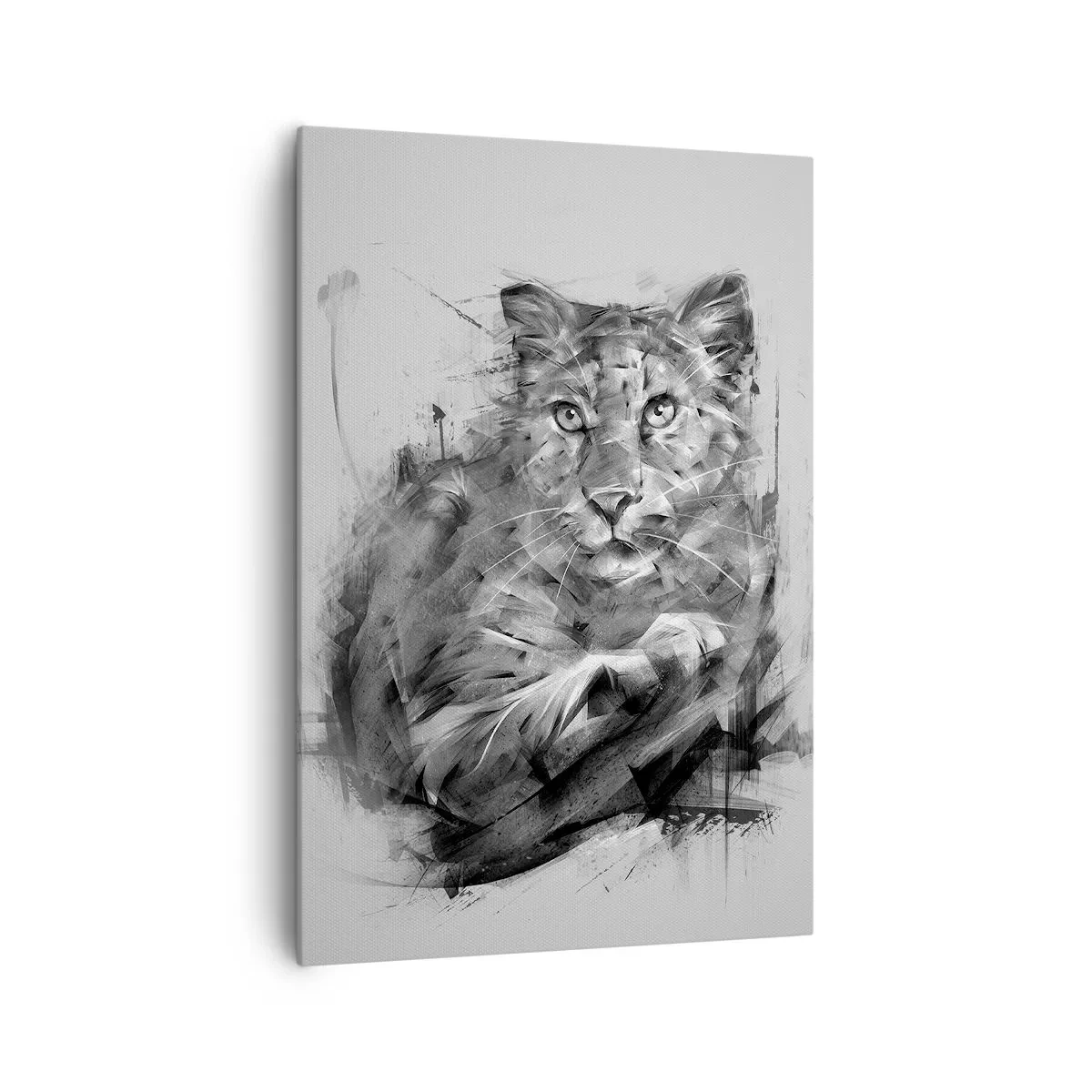 Impression sur toile - Image sur toile - Portrait noir et blanc d'un lion dans un style artistique avec des traits dynamiques. - 70x100cm - Oui, j'écoute attentivement - Décoration murale moderne pour le salon et la chambre ARTTOR