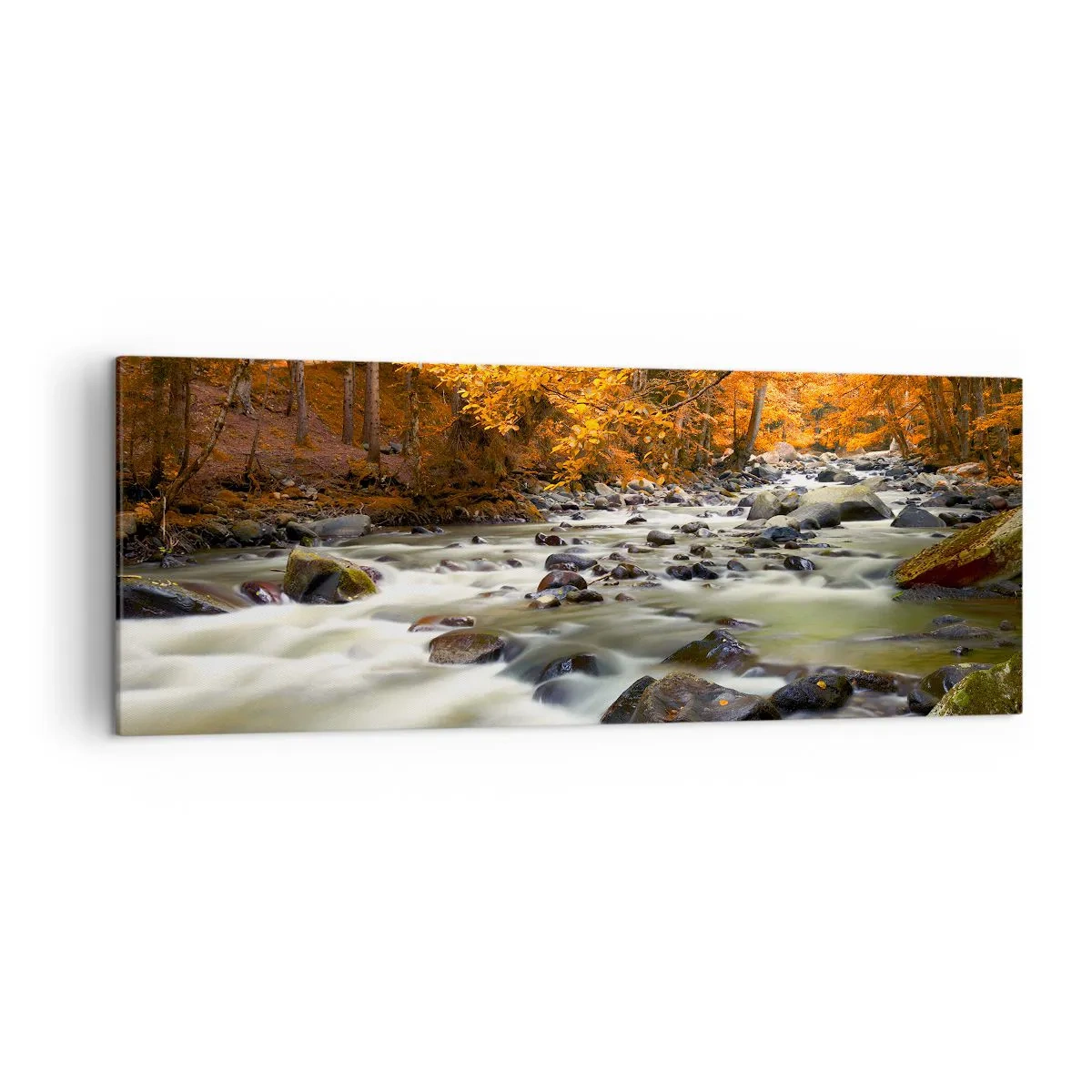 Impression sur toile - Image sur toile - Un ruisseau dans une forêt d'automne entouré de feuilles dorées - 140x50cm - Un ruisseau dans une forêt dorée - Décoration murale moderne pour le salon et la chambre ARTTOR