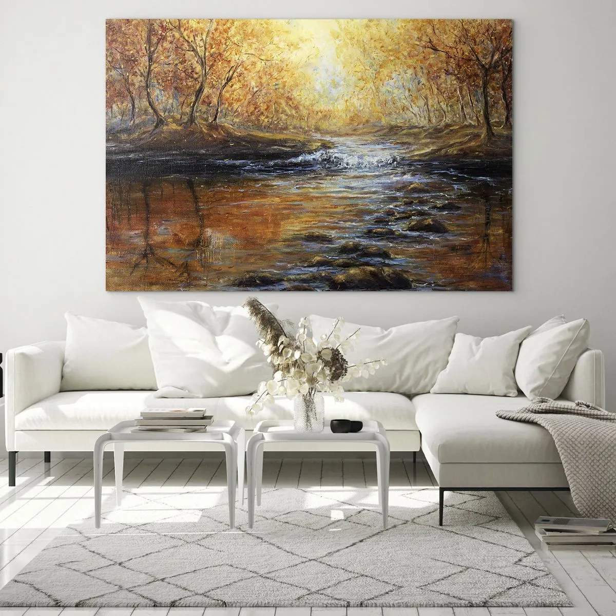 Impression sur verre - Image sur verre - Un ruisseau doré dans la forêt entouré d'arbres d'automne - 120x80cm - Le ruisseau d'or - Décoration murale moderne pour le salon et la chambre ARTTOR