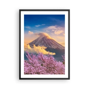 Affiche dans un cadre noir - Poster - Le mont Fuji entouré de cerisiers en fleurs au coucher du soleil - 50x70cm - Sainteté japonaise - Décoration murale moderne pour le salon et la chambre ARTTOR
