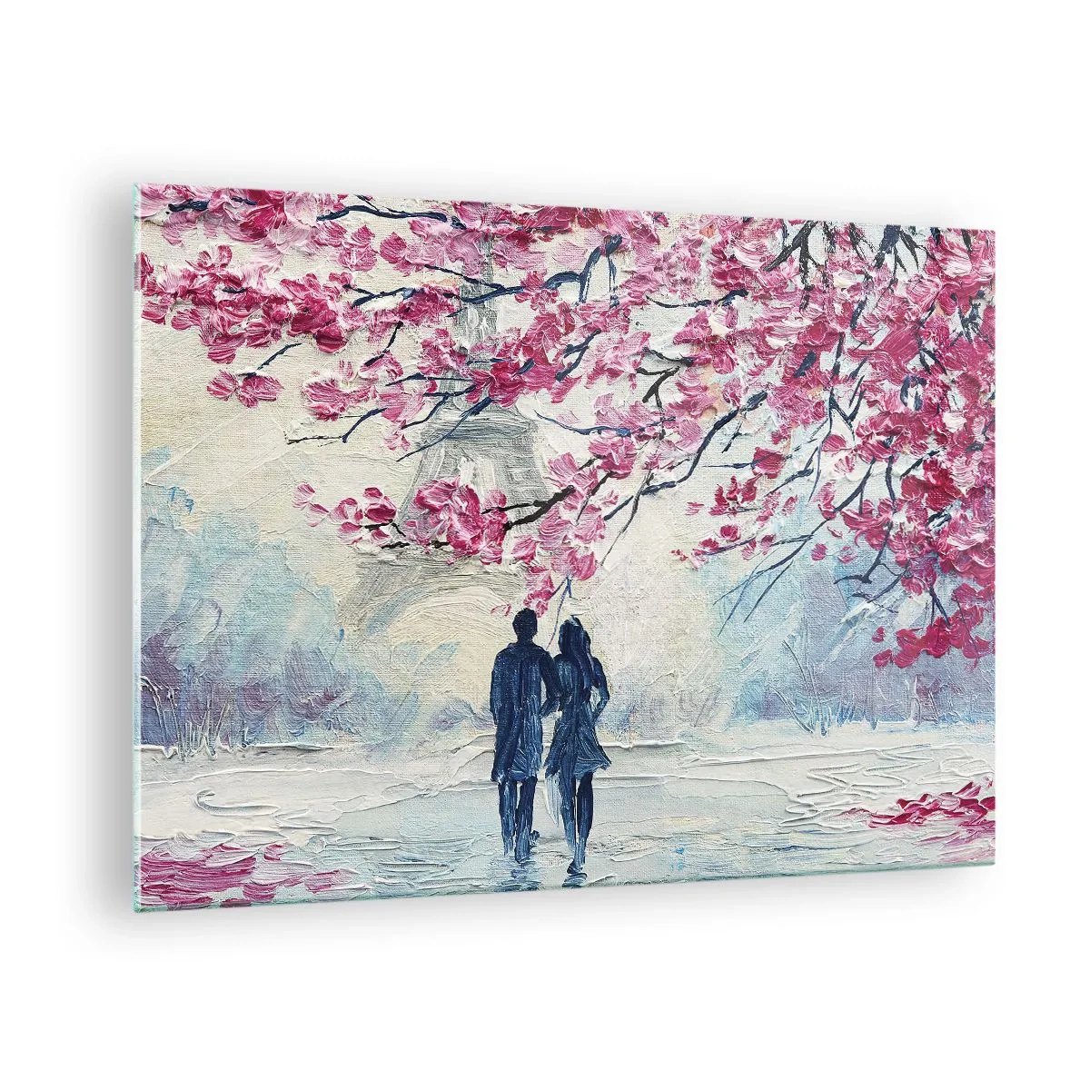 Impression sur verre - Image sur verre - Un couple se promenant sous des arbres en fleurs - 70x50cm - Ballade romantique - Décoration murale moderne pour le salon et la chambre ARTTOR