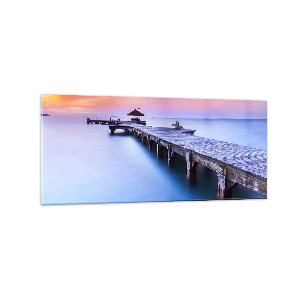 Impression sur verre - Image sur verre - Jetée en bois donnant sur l'eau au coucher du soleil - 120x50cm - Une mer de calme jusqu'à l'horizon - Décoration murale moderne pour le salon et la chambre ARTTOR