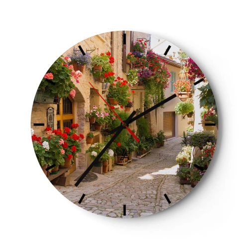 Horloge murale - Pendule murale - Un cadran d'horloge avec un motif d'une rue pittoresque pleine de fleurs colorées - 30x30cm - Une inondation de fleurs - Décoration murale moderne pour le salon, la cuisine et la chambre ARTTOR