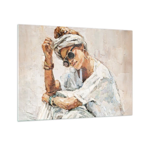Impression sur verre - Image sur verre - Portrait d'une femme portant des lunettes et un turban peint au couteau à palette - 70x50cm - Portrait en plein soleil - Décoration murale moderne pour le salon et la chambre ARTTOR