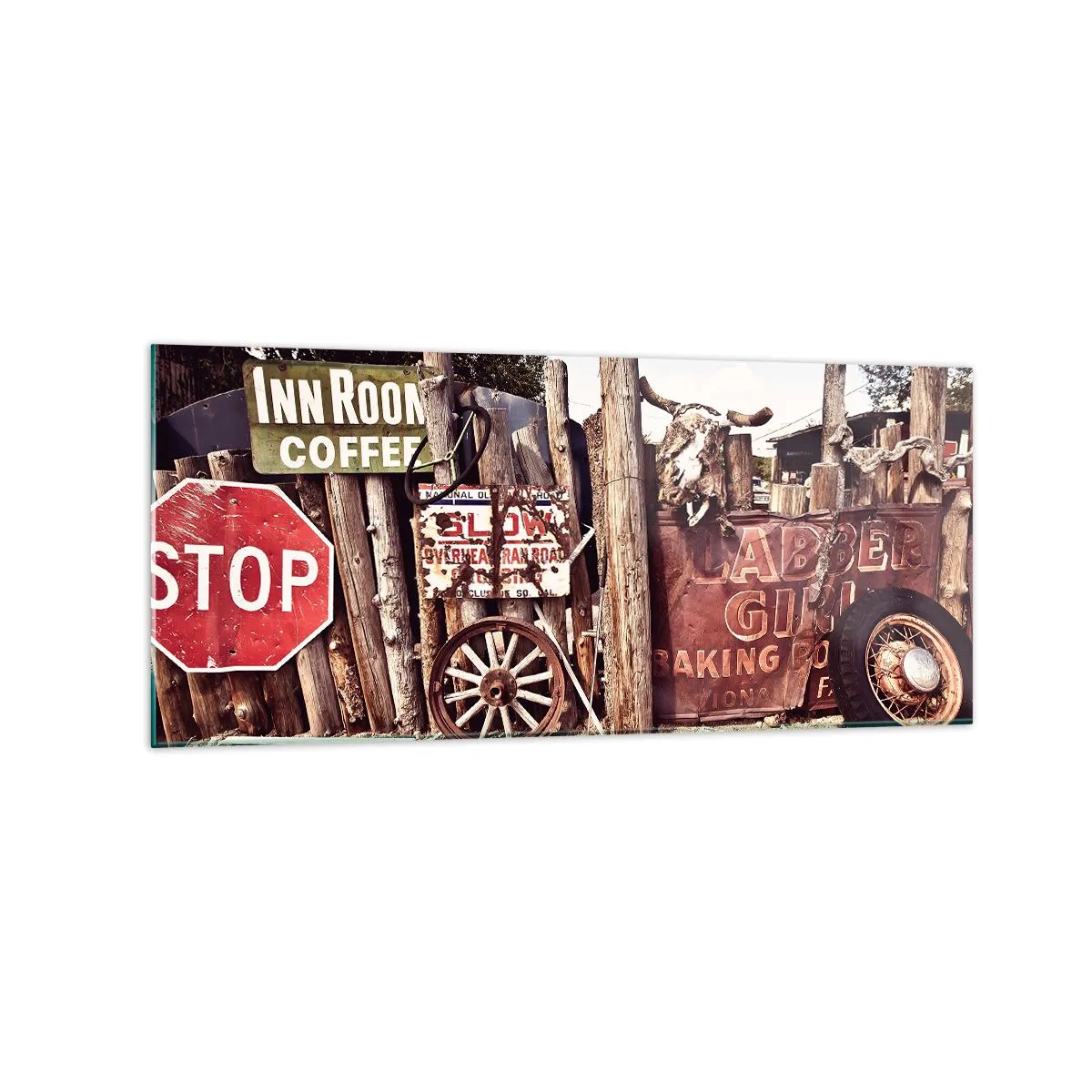 Impression sur verre - Image sur verre - Décorations rustiques avec des panneaux et une roue sur la clôture - 120x50cm - Et le temps s'est arrêté - Décoration murale moderne pour le salon et la chambre ARTTOR
