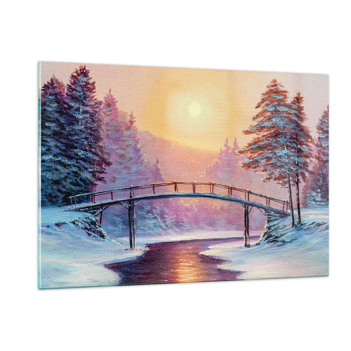 Impression sur verre - Image sur verre - Paysage d'hiver avec un pont sur une rivière au coucher du soleil - 120x80cm - Quatre saisons - hiver - Décoration murale moderne pour le salon et la chambre ARTTOR
