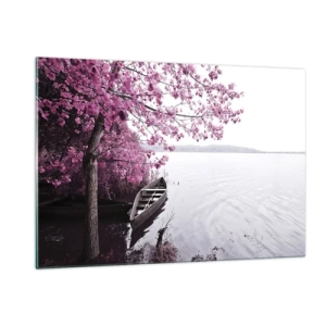 Impression sur verre - Image sur verre - Un bateau au bord de l'eau avec un arbre rose au-dessus de l'eau - 120x80cm - Dans un silence rose - Décoration murale moderne pour le salon et la chambre ARTTOR