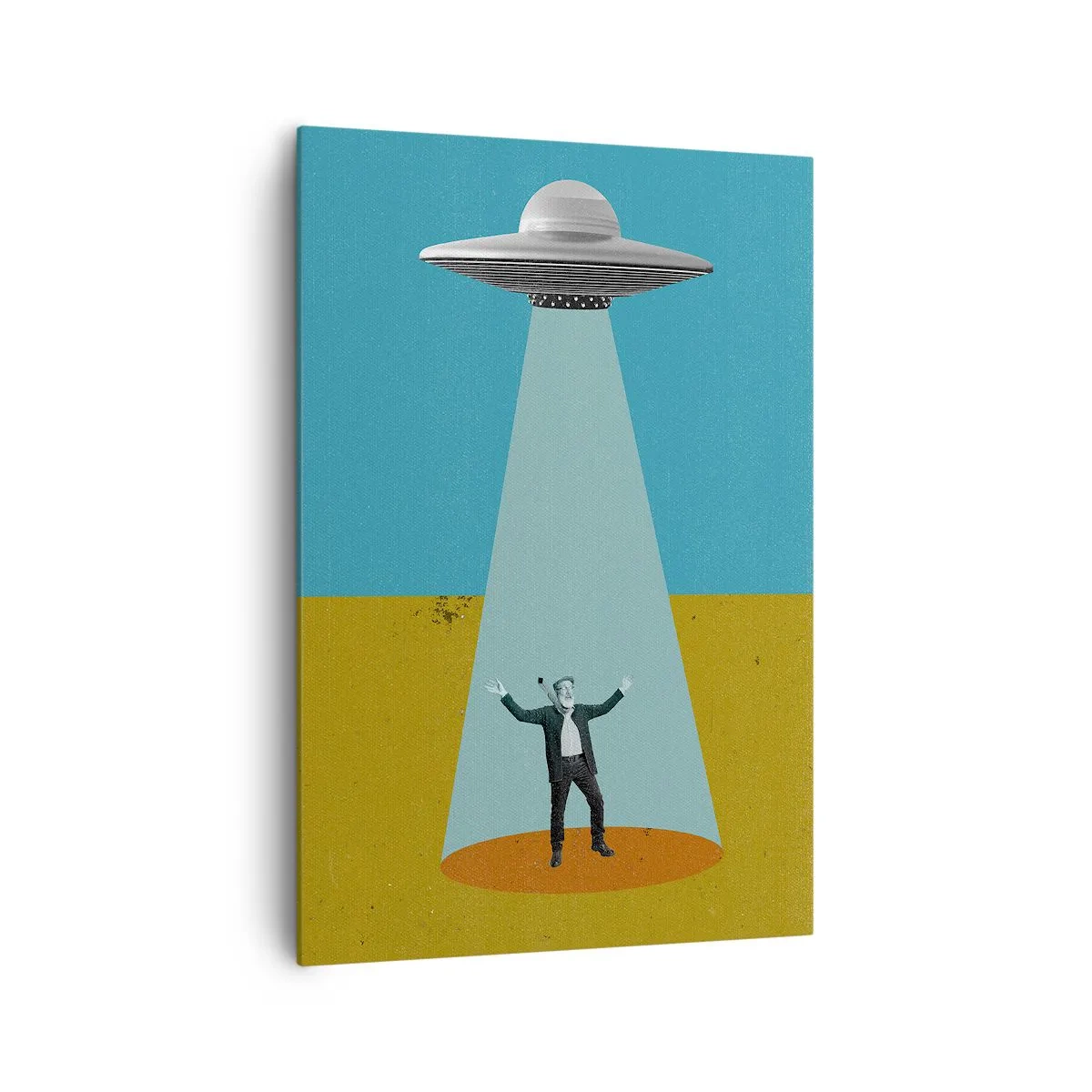 Impression sur toile - Image sur toile - Un homme à la lumière d'un OVNI sur fond de paysage coloré - 70x100cm - Rencontre proche - Décoration murale moderne pour le salon et la chambre ARTTOR