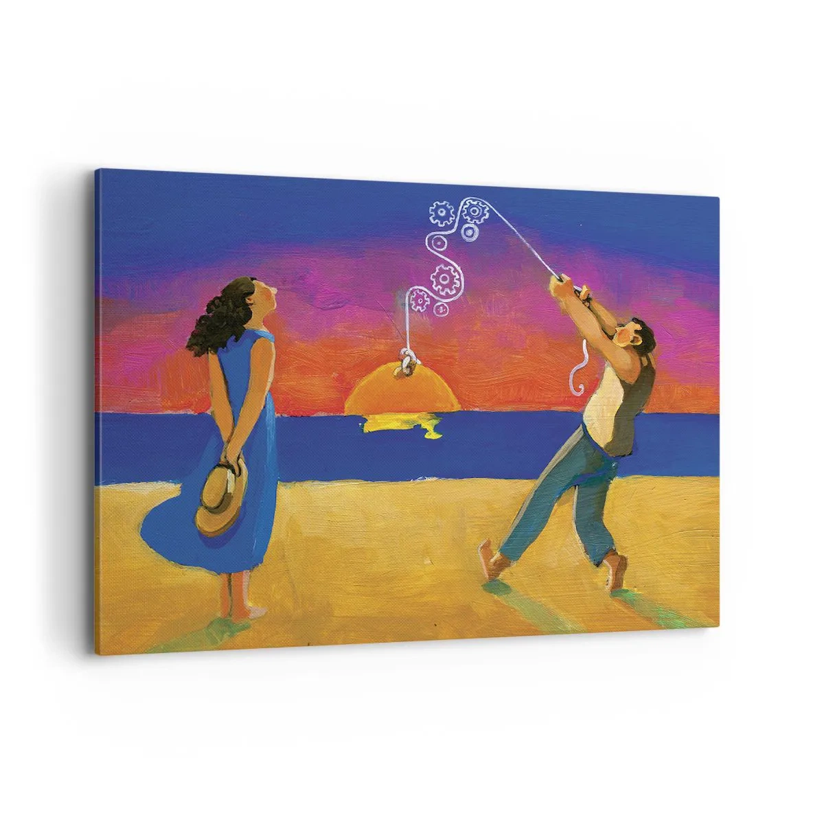 Impression sur toile - Image sur toile - Personnages au bord de la mer au coucher du soleil - 120x80cm - Plus qu'une étoile dans le ciel - Décoration murale moderne pour le salon et la chambre ARTTOR