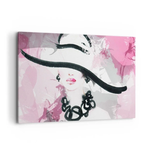 Impression sur toile - Image sur toile - Une femme élégante avec un chapeau sur un fond d'abstractions roses. - 120x80cm - Portrait d'une dame en noir et rose - Décoration murale moderne pour le salon et la chambre ARTTOR