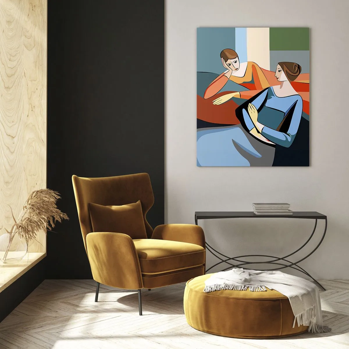 Impression sur verre - Image sur verre - Illustration abstraite de deux femmes dans le style cubiste - 70x100cm - Un moment de confiance - Décoration murale moderne pour le salon et la chambre ARTTOR