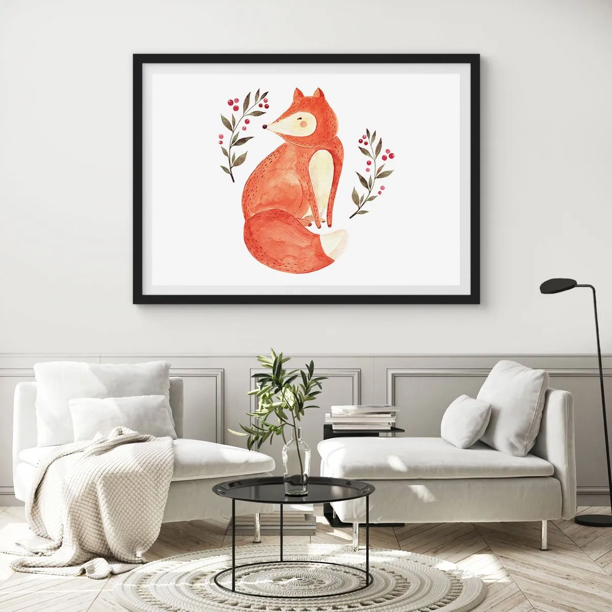 Affiche dans un cadre noir - Poster - Un renard aquarelle entouré de brindilles avec des baies - 70x50cm - Petit rouquin - Décoration murale moderne pour le salon et la chambre ARTTOR