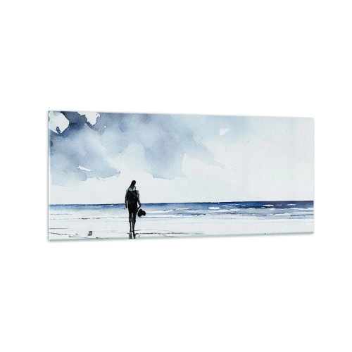 Impression sur verre - Image sur verre - Une silhouette sur une plage dans un environnement marin calme - 120x50cm - Conversation avec la mer - Décoration murale moderne pour le salon et la chambre ARTTOR