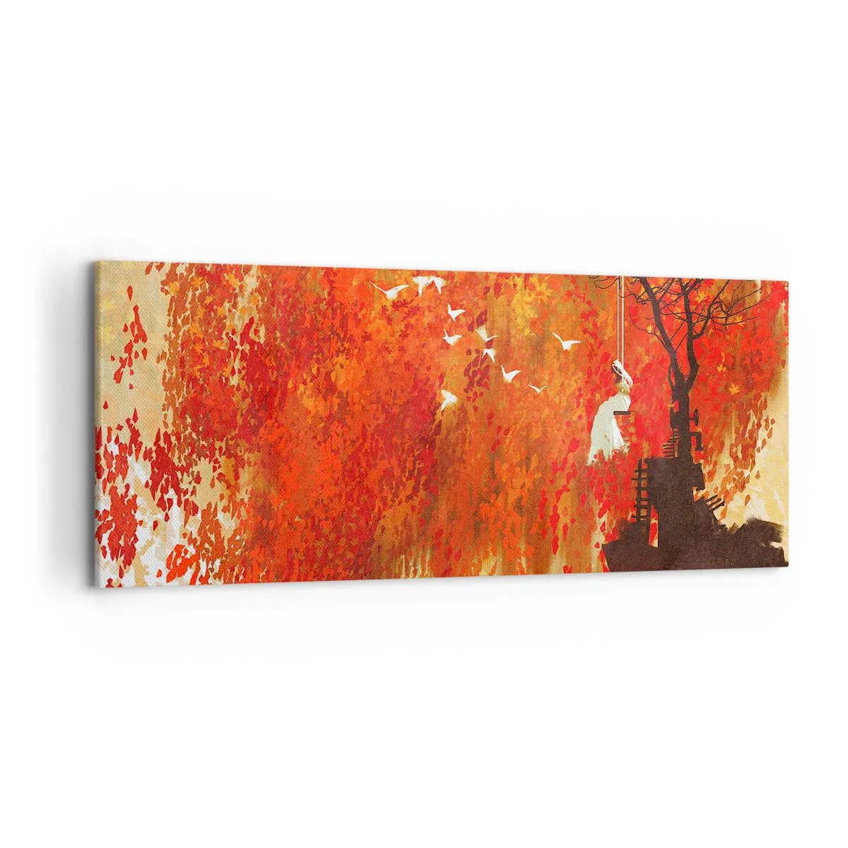 Impression sur toile - Image sur toile - Une silhouette sur une balançoire près d'un arbre entouré de feuilles rouges - 120x50cm - S'envolera-t-il avec eux ? - Décoration murale moderne pour le salon et la chambre ARTTOR