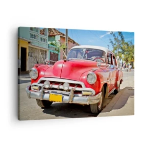 Impression sur toile - Image sur toile - Une voiture classique rouge garée dans la rue par une journée ensoleillée - 70x50cm - Seulement à Cuba - Décoration murale moderne pour le salon et la chambre ARTTOR