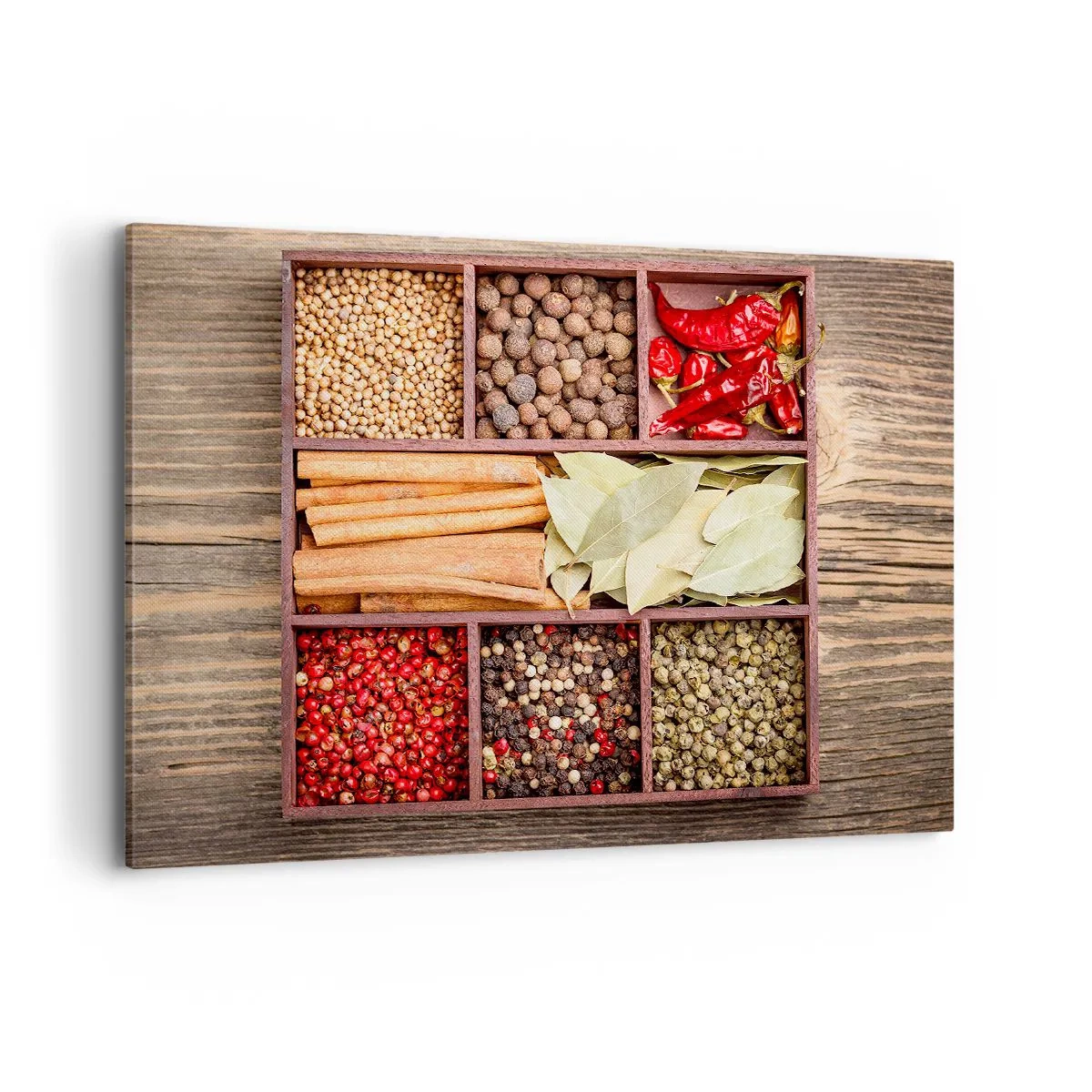 Impression sur toile - Image sur toile - Boîte en bois avec diverses épices dans des compartiments - 100x70cm - Ordre des formes, bouquet d'arômes - Décoration murale moderne pour le salon et la chambre ARTTOR