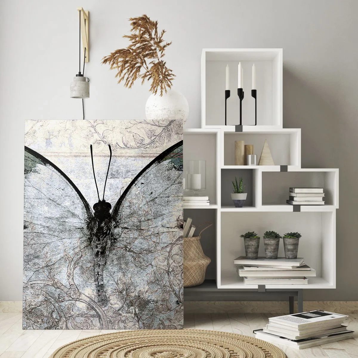 Impression sur verre - Image sur verre - Un papillon dans les tons de vert et de gris sur un fond décoratif - 70x100cm - Dans le style Art Nouveau - Décoration murale moderne pour le salon et la chambre ARTTOR