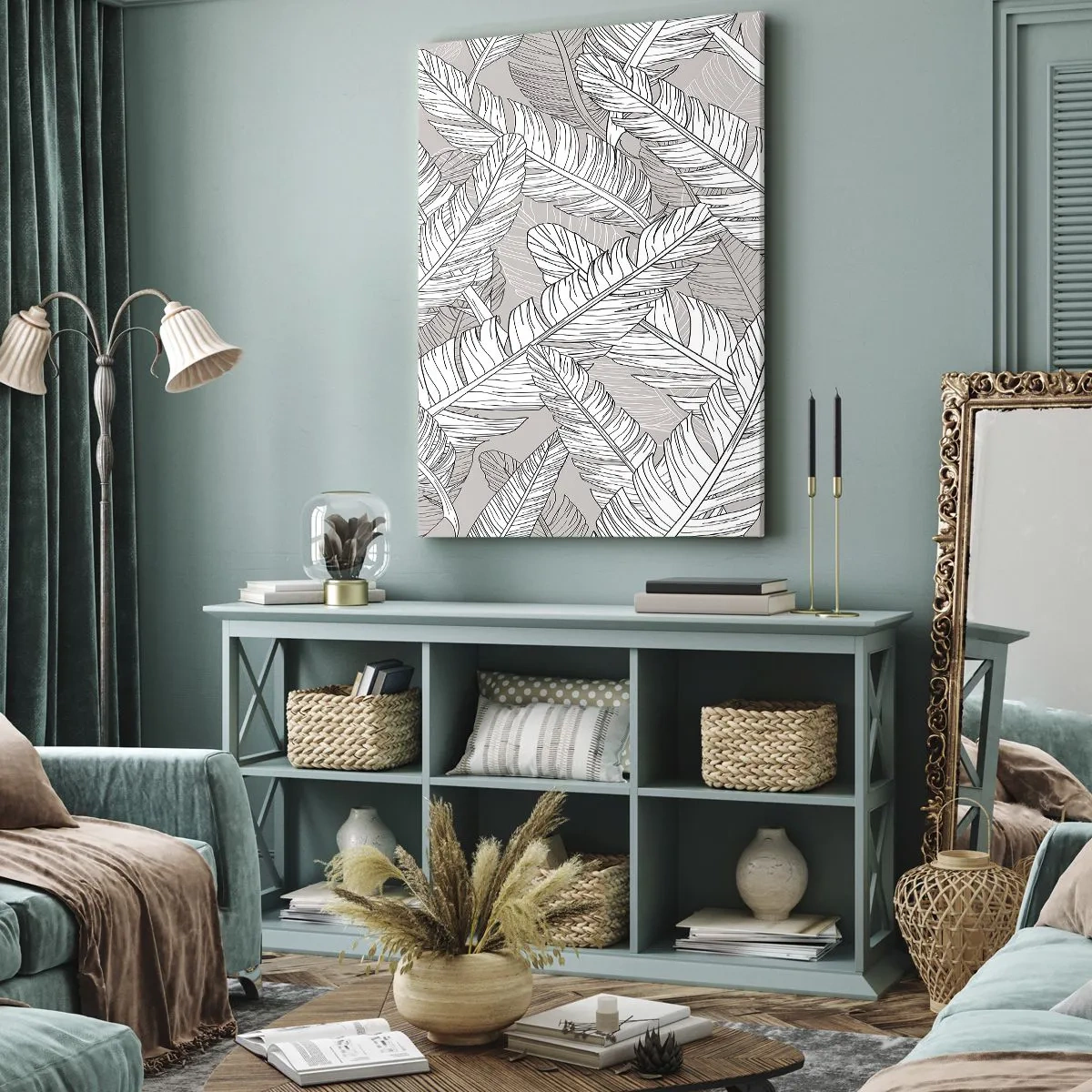 Impression sur toile - Image sur toile - Motif noir et blanc avec des feuilles de bananier sur un fond clair - 80x120cm - Un tourbillon de plumes - Décoration murale moderne pour le salon et la chambre ARTTOR