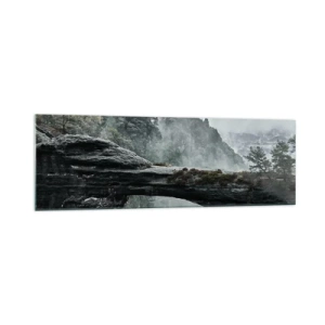 Impression sur verre - Image sur verre - Une arche de pierre entourée de montagnes brumeuses et de forêts - 160x50cm - L'aventure est sur le point de commencer - Décoration murale moderne pour le salon et la chambre ARTTOR