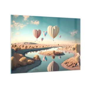 Impression sur verre - Image sur verre - Ballons en forme de cœur au-dessus d'un paysage de conte de fées avec une rivière - 70x50cm - L'amour te permet de t'élever - Décoration murale moderne pour le salon et la chambre ARTTOR
