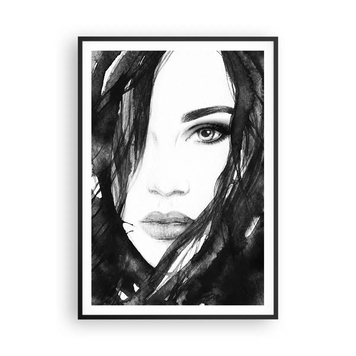 Affiche dans un cadre noir - Poster - Portrait d'une dame en noir et blanc - 70x100 cm
