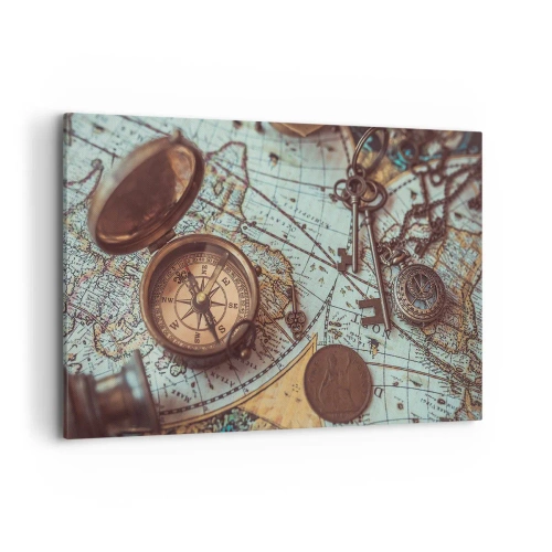 Impression sur toile - Image sur toile - Composition avec une boussole, des clés et une vieille carte dans un style rétro - 120x80cm - Pour ceux qui recherche l'aventure - Décoration murale moderne pour le salon et la chambre ARTTOR