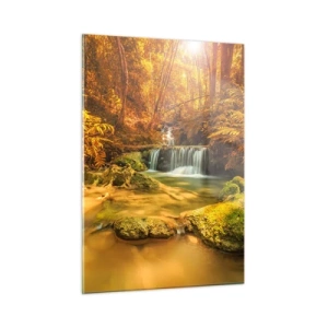 Impression sur verre - Image sur verre - Cascade forestière en or - 50x70cm - Cascade de forêt en or - Décoration murale moderne pour le salon et la chambre ARTTOR