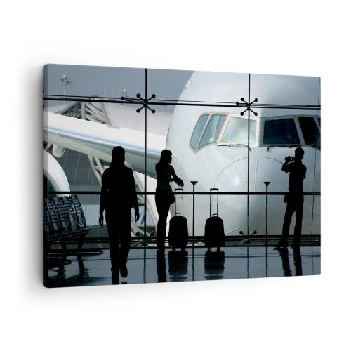 Impression sur toile - Image sur toile - Aéroport avec des silhouettes de personnes et une vue de l'avion - 70x50cm - Vis-à-vis de l'aéroport - Décoration murale moderne pour le salon et la chambre ARTTOR