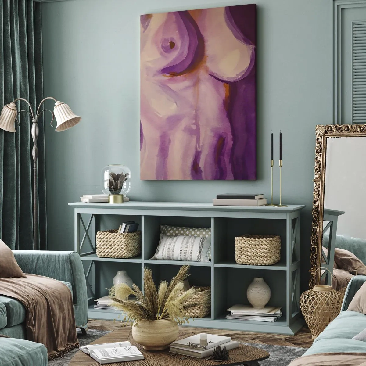 Impression sur toile - Image sur toile - Une interprétation abstraite de la silhouette féminine dans les tons roses et violets. - 50x70cm - Ode à la féminité - Décoration murale moderne pour le salon et la chambre ARTTOR