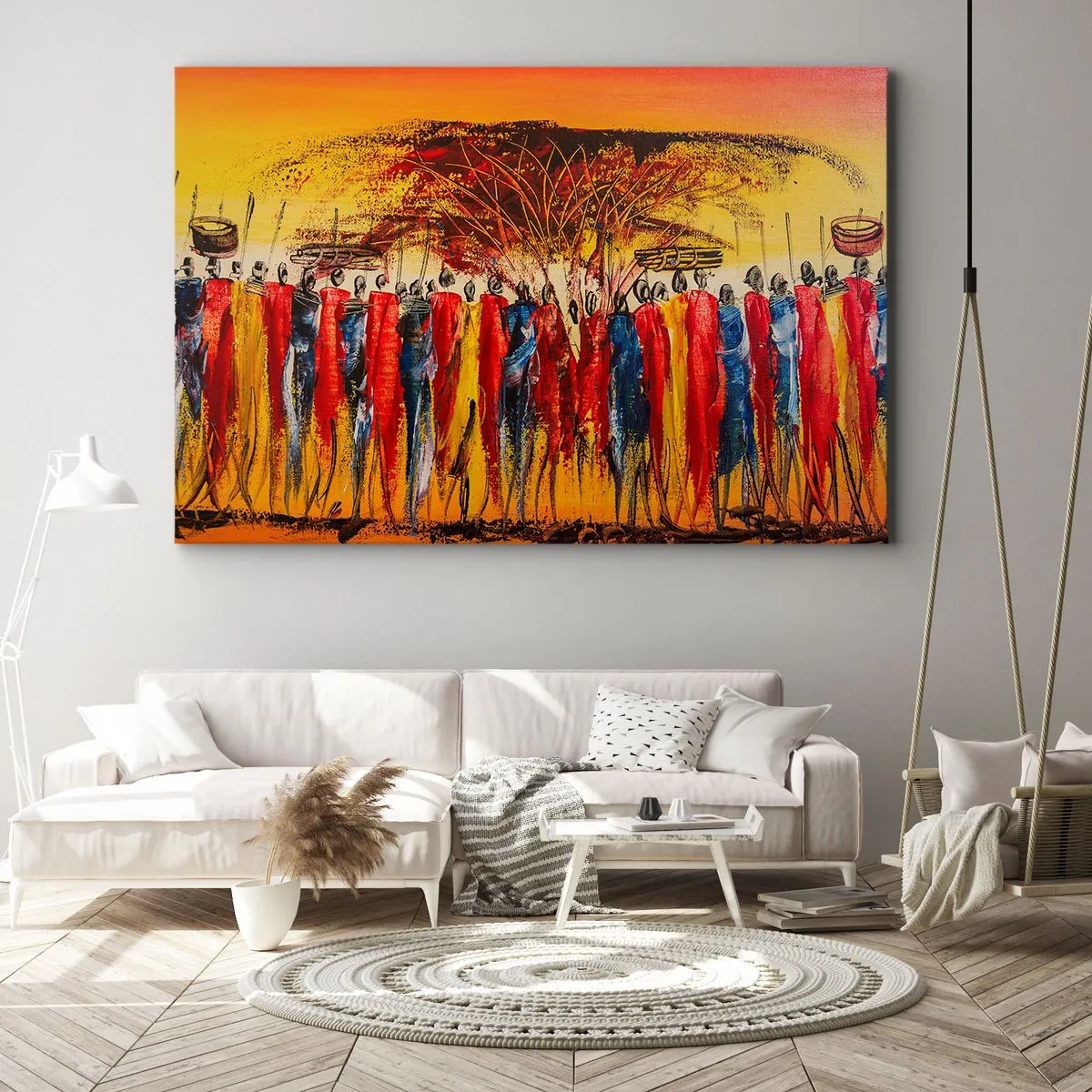 Impression sur toile - Image sur toile - Une scène colorée avec des personnages africains sur fond de soleil couchant. - 120x80cm - Là-bas, là-bas, ils vont là-bas - Décoration murale moderne pour le salon et la chambre ARTTOR