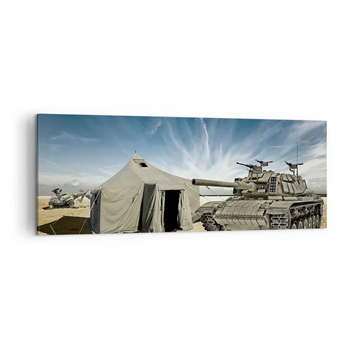 Impression sur toile - Image sur toile - Un char à côté d'une tente militaire dans une zone désertique - 140x50cm - Un rêve militaire - Décoration murale moderne pour le salon et la chambre ARTTOR