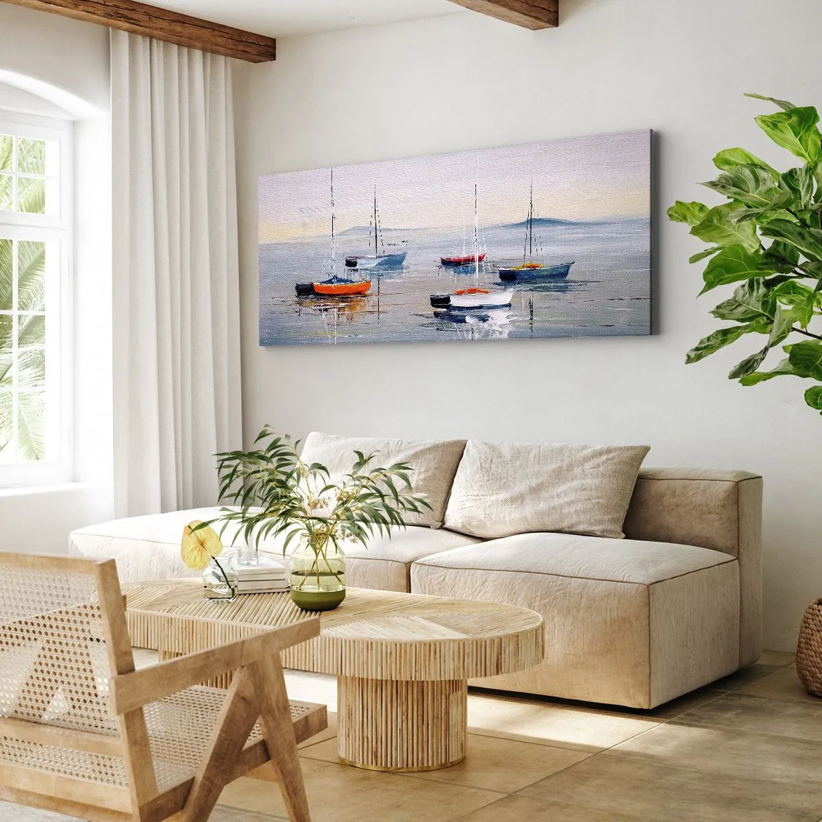 Impression sur toile - Image sur toile - Bateaux colorés sur une eau calme - 120x50cm - Un repos bien mérité - Décoration murale moderne pour le salon et la chambre ARTTOR