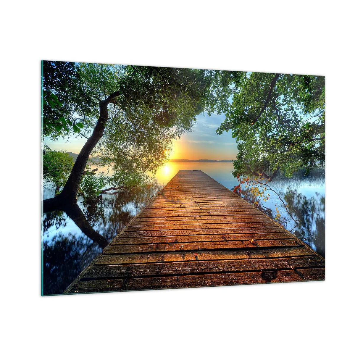 Impression sur verre - Image sur verre - Jetée en bois sur le lac au coucher du soleil - 100x70cm - Prenez votre temps, asseyez-vous - Décoration murale moderne pour le salon et la chambre ARTTOR
