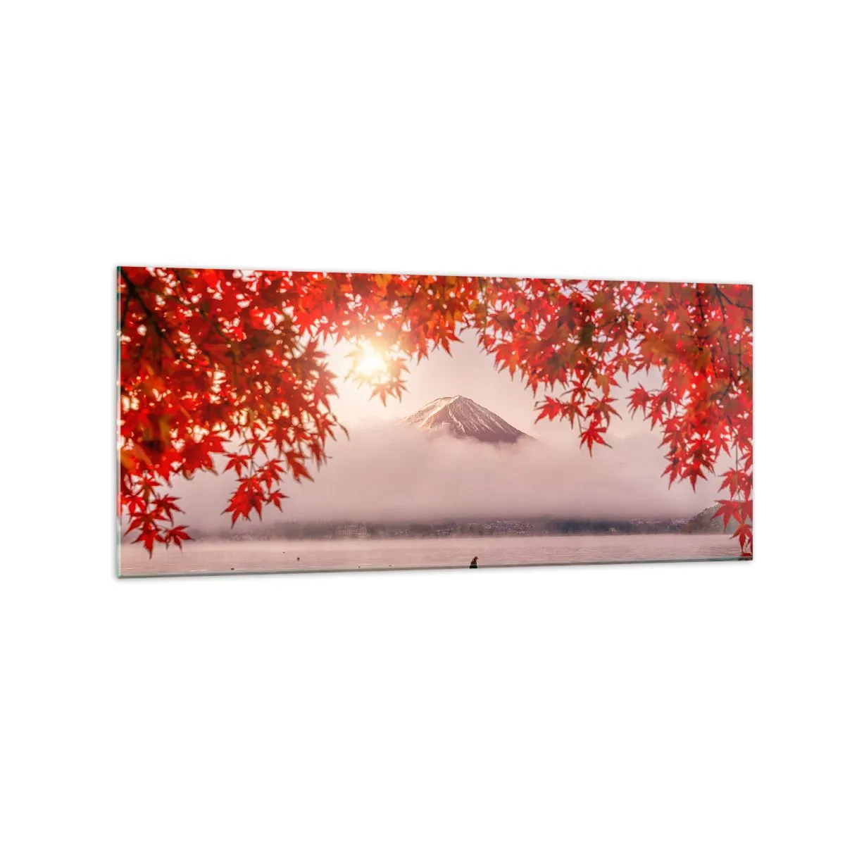Impression sur verre - Image sur verre - Un bateau sur un lac entouré de feuilles d'érable rouges - 120x50cm - Dans le climat japonais - Décoration murale moderne pour le salon et la chambre ARTTOR