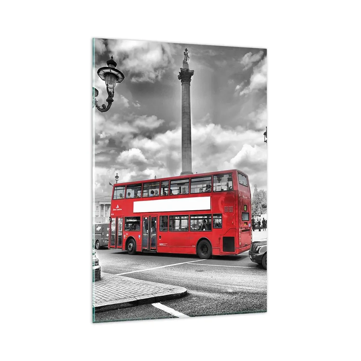 Impression sur verre - Image sur verre - Un bus rouge à impériale sur fond de ville en noir et blanc - 80x120cm - La vraie circulation sanguine de la ville - Décoration murale moderne pour le salon et la chambre ARTTOR