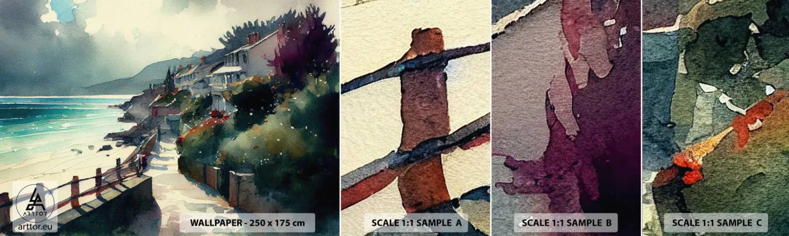 Échantillon de Papier Peint Autocollant Deluxe Sticker - Ville méditerranéenne - Maisons, Paysage, Plage - 100x30 cm