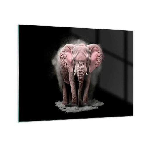 Impression sur verre - Image sur verre - Un éléphant rose sur fond noir entouré d'un nuage de poussière. - 70x50cm - Ne pensez pas à un éléphant rose ! - Décoration murale moderne pour le salon et la chambre ARTTOR