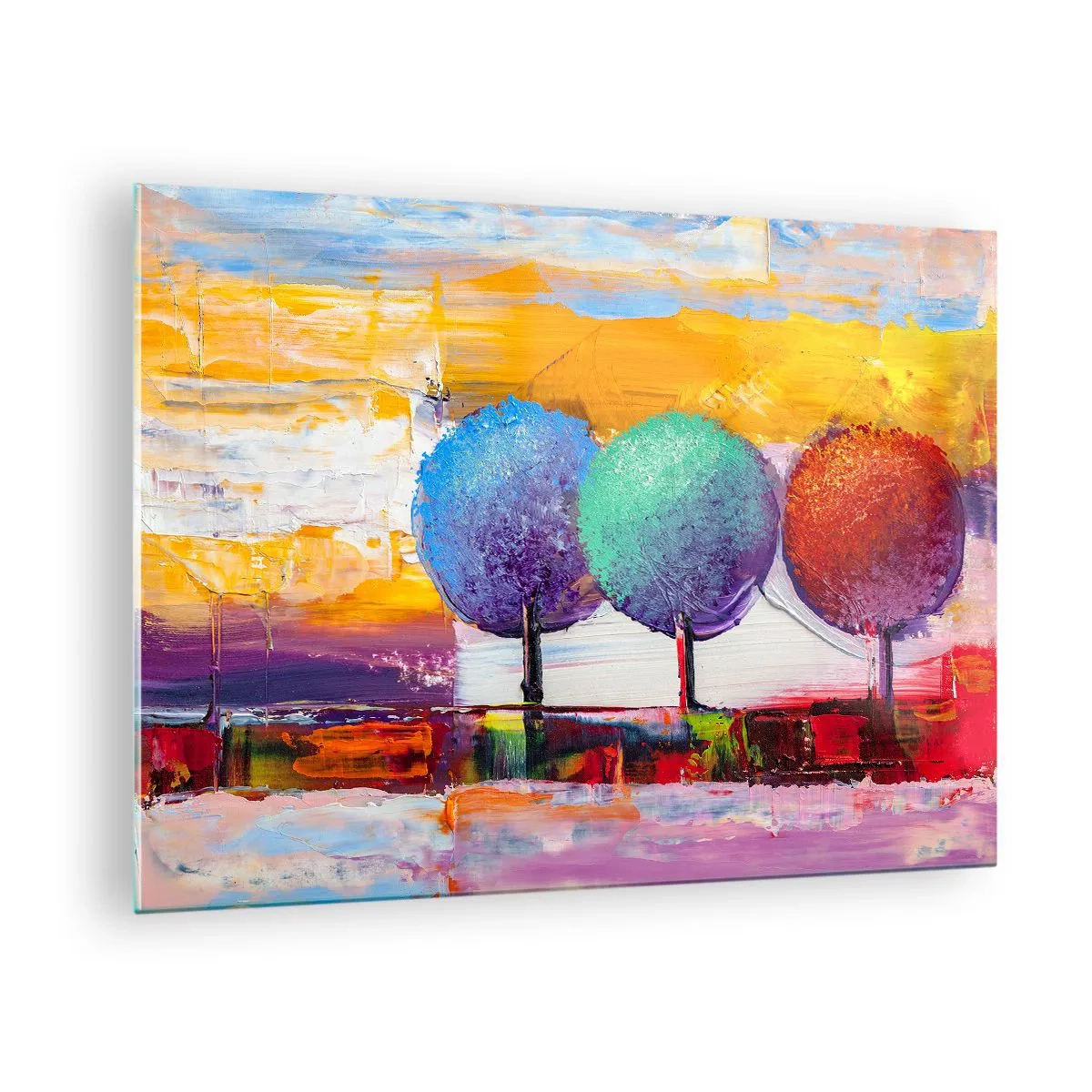 Impression sur verre - Image sur verre - Arbres abstraits colorés sur un fond intense - 70x50cm - Art jusqu'à trois - Décoration murale moderne pour le salon et la chambre ARTTOR
