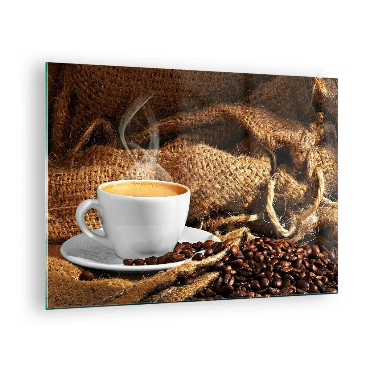 Impression sur verre - Image sur verre - Une tasse de café avec des grains sur un fond de jute - 70x50cm - L'odeur du moka et la densité du miel liquide - Décoration murale moderne pour le salon et la chambre ARTTOR