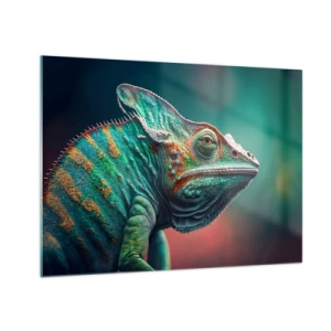 Impression sur verre - Image sur verre - Un caméléon coloré sur un fond flou dans une lumière intense. - 70x50cm - Vous me voyez? Pas bien… - Décoration murale moderne pour le salon et la chambre ARTTOR