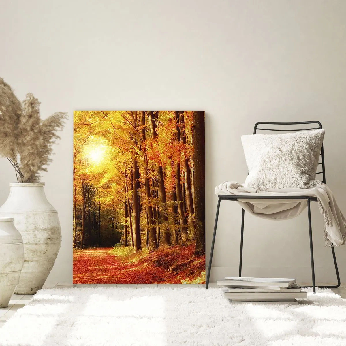Impression sur verre - Image sur verre - Forêt d'automne avec les rayons du soleil qui brillent à travers les arbres - 70x100cm - Automne doré sur une route forestière - Décoration murale moderne pour le salon et la chambre ARTTOR
