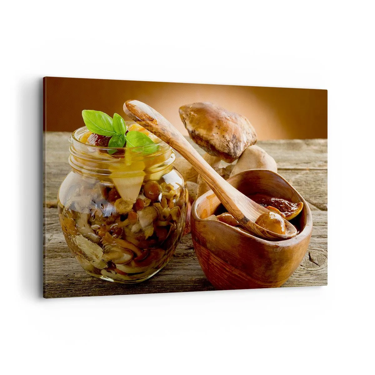 Impression sur toile - Image sur toile - Champignons naturels dans un bocal sur une table rustique - 120x80cm - Que ce soit frais ou salé, ou en automne... - Décoration murale moderne pour le salon et la chambre ARTTOR