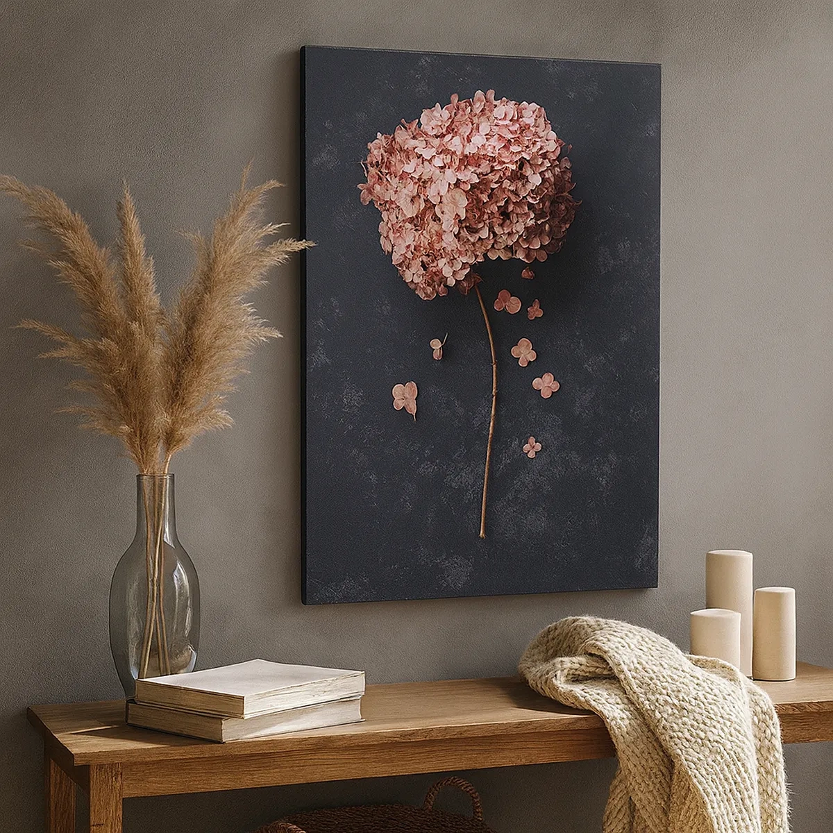 Impression sur toile - Image sur toile - Une délicate fleur d'hortensia sur un fond sombre - 50x70cm - Un signe vraiment romantique - Décoration murale moderne pour le salon et la chambre ARTTOR